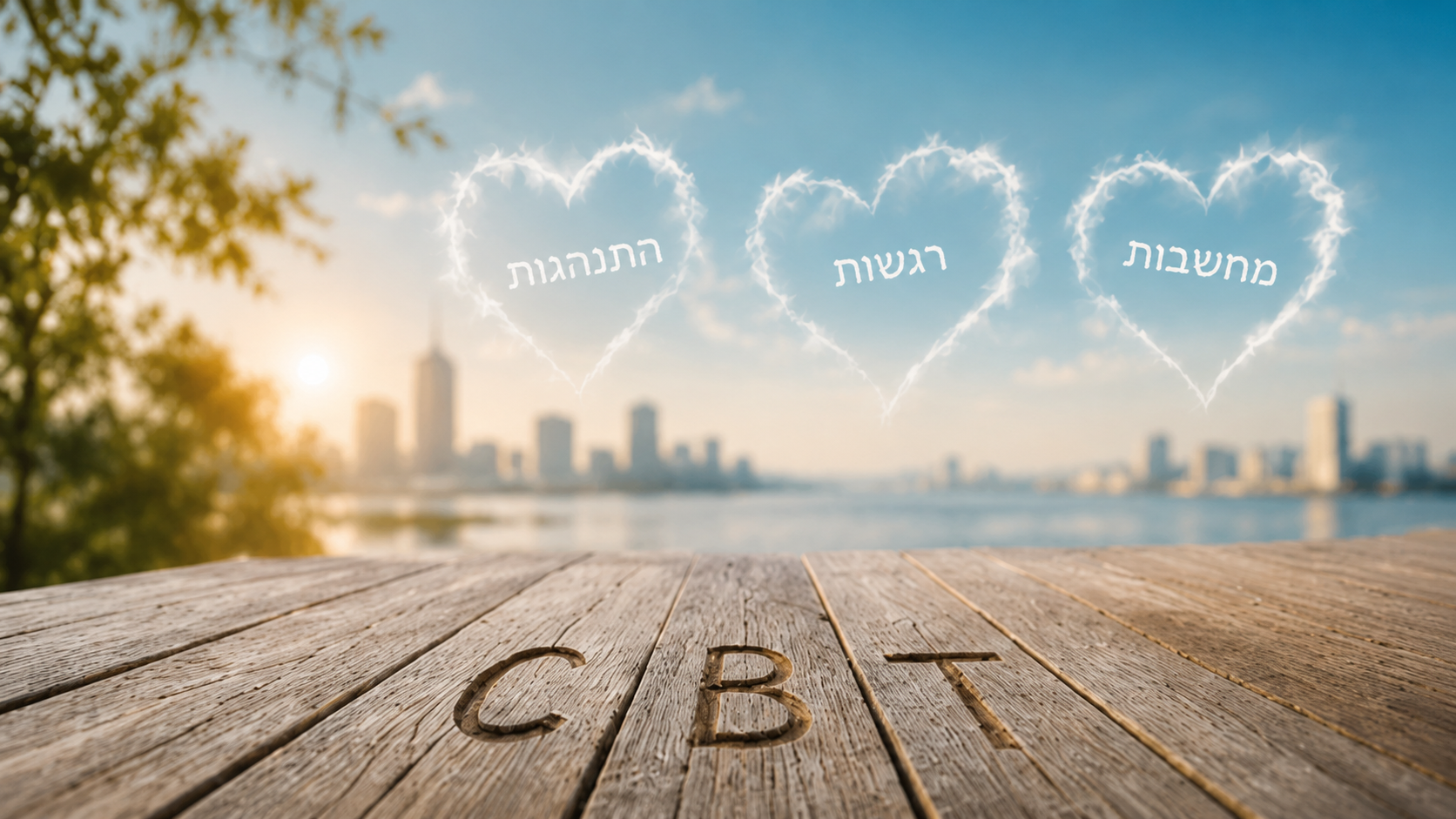 שלושה לבבות מעננים עם המילים מחשבות, רגשות והתנהגויות מעל קו רקיע וים, ואותיות CBT חרוטות על דק עץ